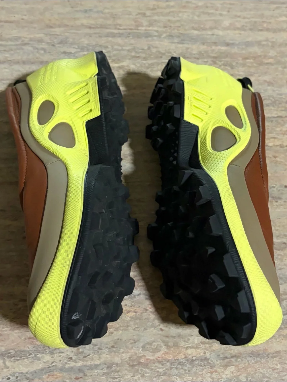 Ecco Biom Natural Motion Brown Leather Slip-On Sneakers with Neon Yellow Accents